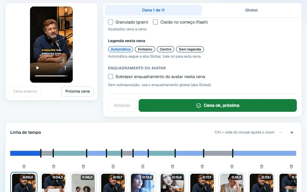 Editor do Synapse Criativos: prévia da cena, painel da cena e a linha do tempo com as 11 cenas que o programa montou sozinho