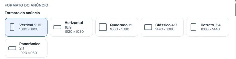 Os 6 formatos: Vertical 9:16, Horizontal 16:9, Quadrado 1:1, Clássico 4:3, Retrato 3:4 e Panorâmico 2:1